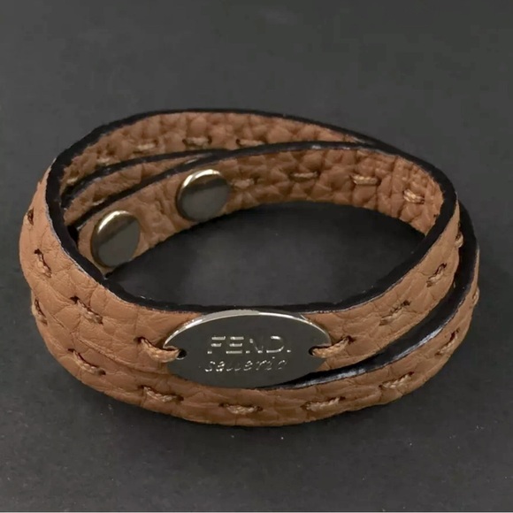 FENDI Selleria Double Wrap Leather Bracelet Brown/Silver